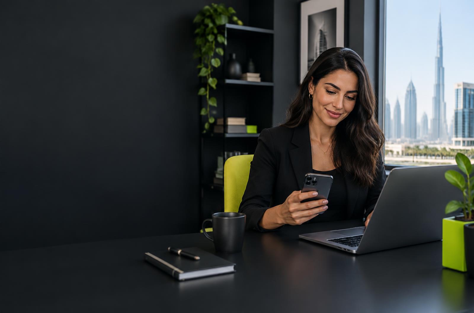 Dubai business owner using her phone and laptop
